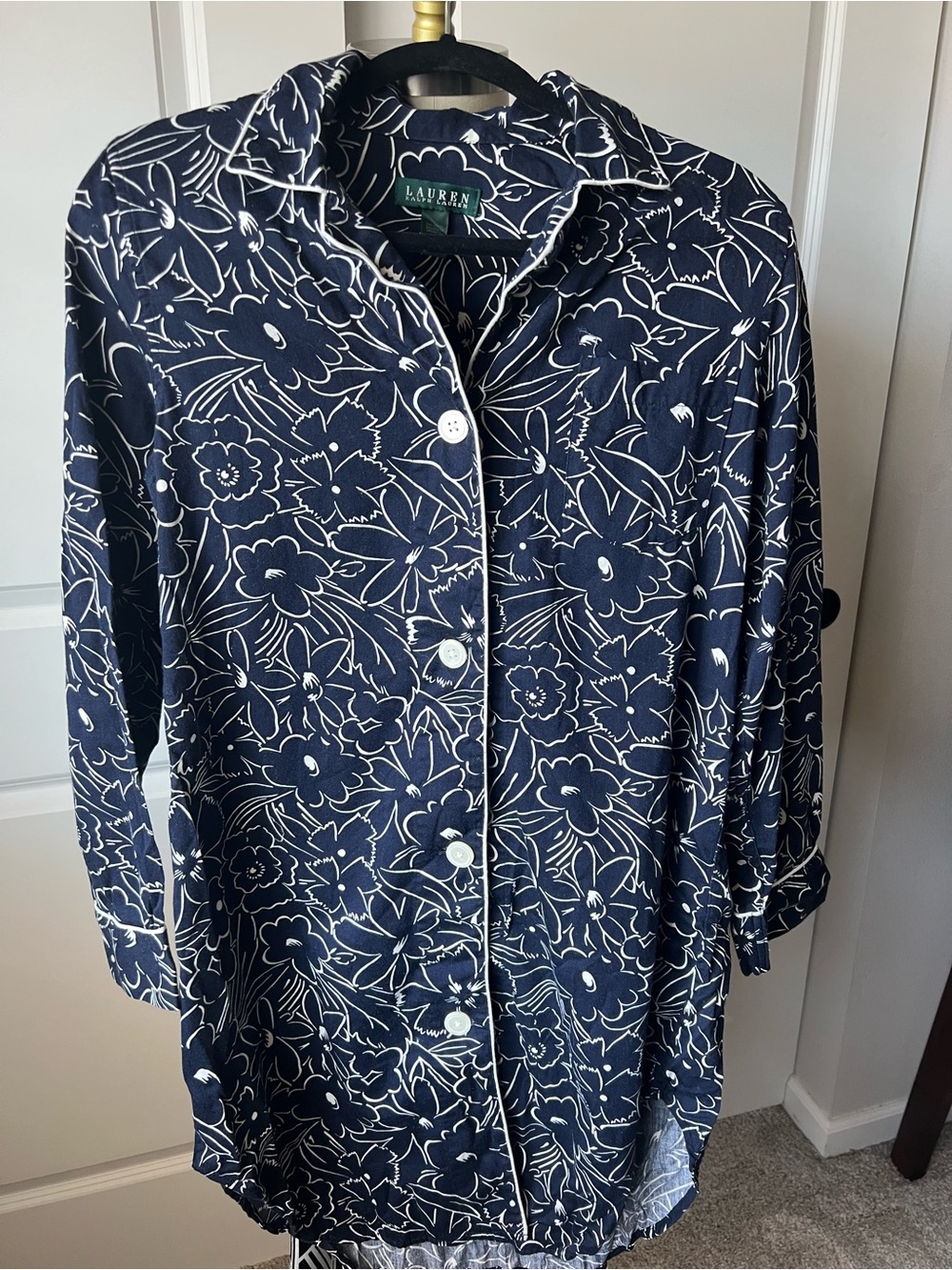 Ralph Lauren Navy Floral Button-Front Cotton Nightgown with White Piping